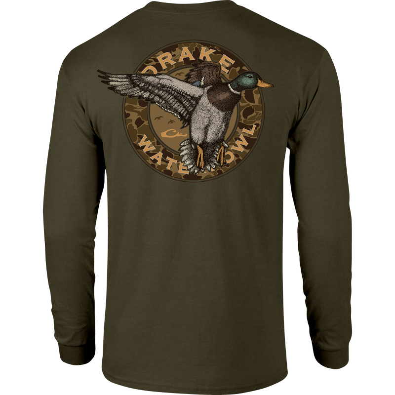 Circle Mallard Long Sleeve T-Shirt featuring Drake logo on front and classic Mallard graphic on back, crafted from a soft cotton-polyester blend.
