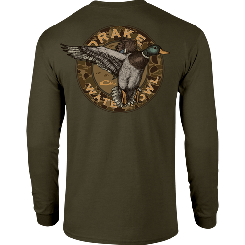 Circle Mallard Long Sleeve T-Shirt featuring Drake logo on front and classic Mallard graphic on back, crafted from a soft cotton-polyester blend.