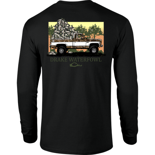 Decoy Overload Long Sleeve T-Shirt, featuring Drake logo on front and Jimbo with Decoys graphic on back, crafted from soft, lightweight cotton-polyester blend.