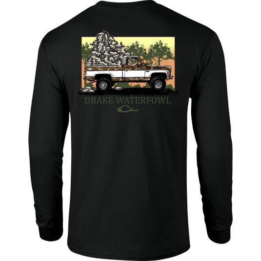 Decoy Overload Long Sleeve T-Shirt, featuring Drake logo on front and Jimbo with Decoys graphic on back, crafted from soft, lightweight cotton-polyester blend.