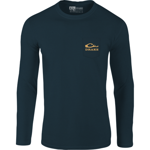 Decoy Overload Long Sleeve T-Shirt featuring the Drake logo on front and Jimbo with Decoys graphic on back, crafted from a soft cotton-polyester blend.