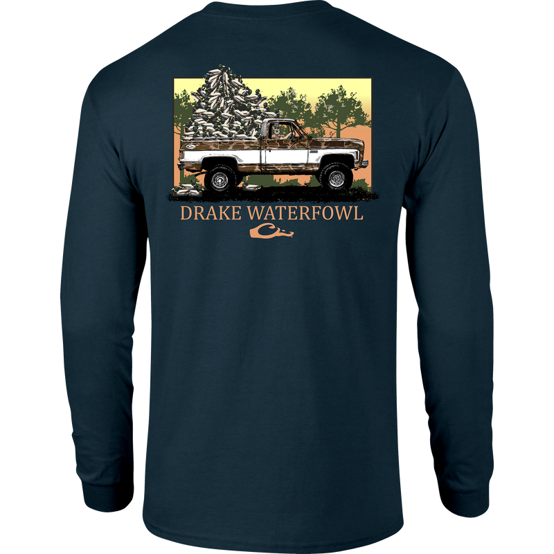 Decoy Overload Long Sleeve T-Shirt featuring Drake logo and Jimbo with Decoys graphic, crafted from a soft cotton-polyester blend for comfort and durability.