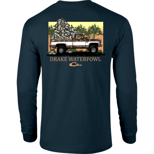 Decoy Overload Long Sleeve T-Shirt featuring Drake logo and Jimbo with Decoys graphic, crafted from a soft cotton-polyester blend for comfort and durability.