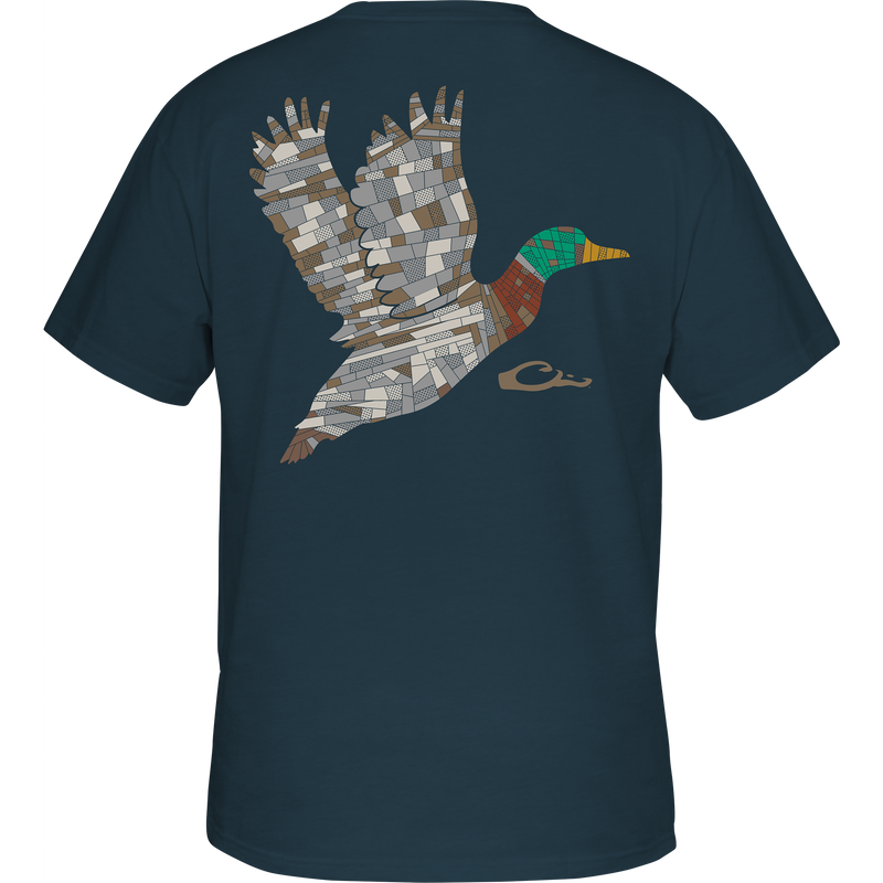 Mosaic Mallard T-Shirt with a patchwork duck silhouette across the back, crafted from a soft cotton-poly blend, features a small cursive logo underneath.
