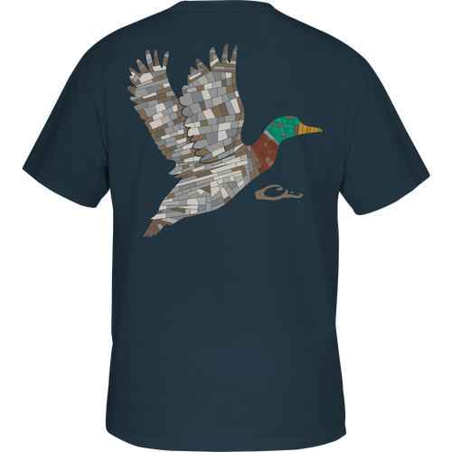 Mosaic Mallard T-Shirt with a patchwork duck silhouette across the back, crafted from a soft cotton-poly blend, features a small cursive logo underneath.