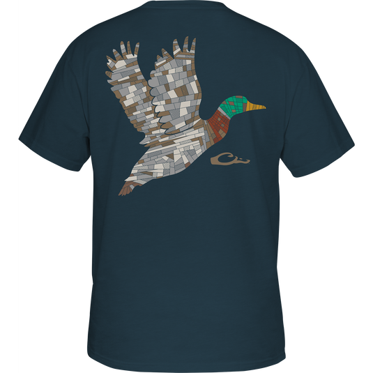 Mosaic Mallard T-Shirt with a patchwork duck silhouette across the back, crafted from a soft cotton-poly blend, features a small cursive logo underneath.