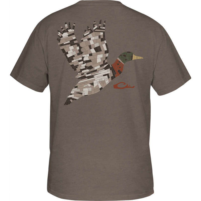 Mosaic Mallard T-Shirt features a patchwork-style flying duck graphic on the back, highlighting earthy tones, with a subtle rust logo signature.