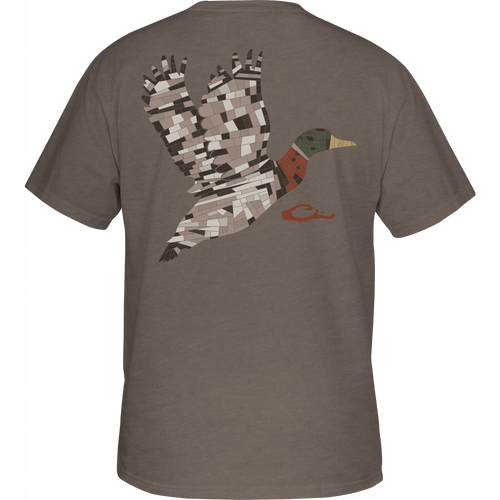 Mosaic Mallard T-Shirt features a patchwork-style flying duck graphic on the back, highlighting earthy tones, with a subtle rust logo signature.