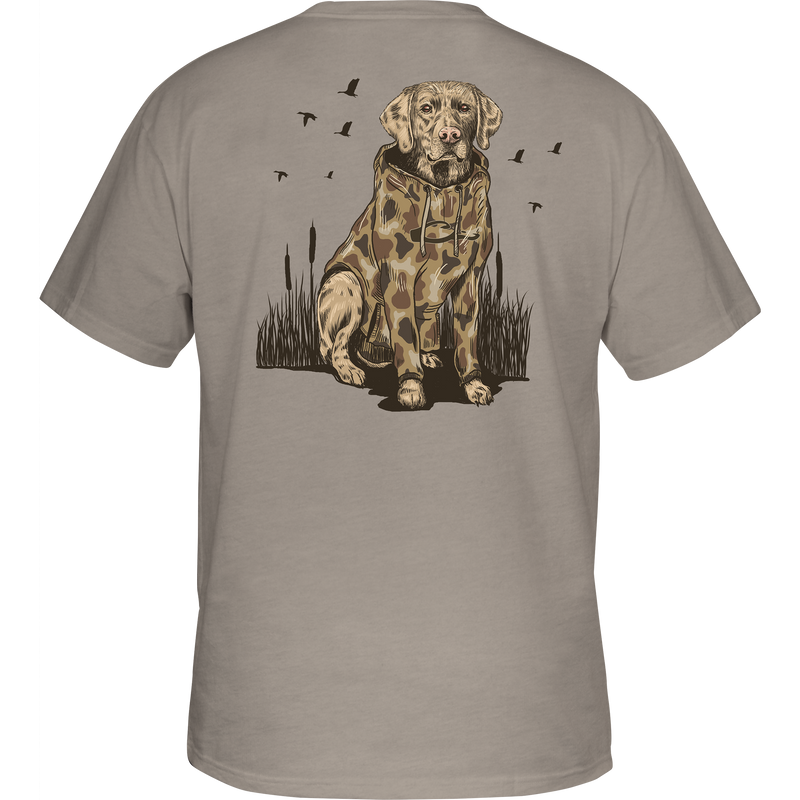 Old School Lab T-Shirt with front pocket Drake logo and back graphic, crafted from a 60% cotton, 40% polyester blend for comfort.