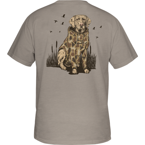 Old School Lab T-Shirt with front pocket Drake logo and back graphic, crafted from a 60% cotton, 40% polyester blend for comfort.