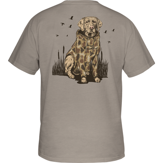 Old School Lab T-Shirt with front pocket Drake logo and back graphic, crafted from a 60% cotton, 40% polyester blend for comfort.