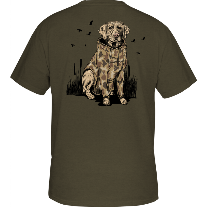 Old School Lab T-Shirt featuring Drake logo on front pocket and graphic on back, crafted from a soft cotton-poly blend for comfort.