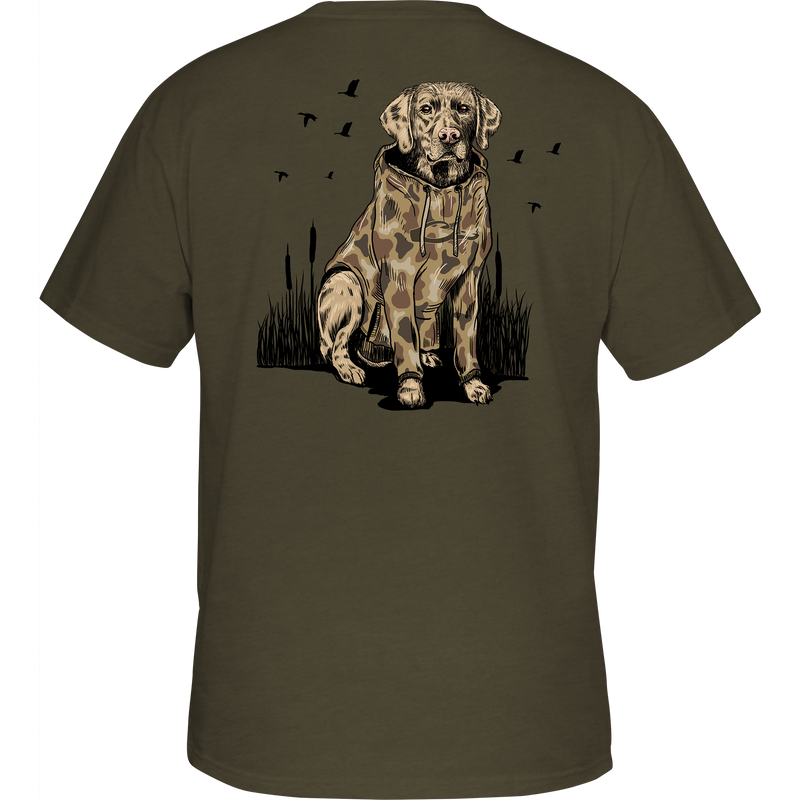 Old School Lab T-Shirt featuring Drake logo on front pocket and graphic on back, crafted from a soft cotton-poly blend for comfort.