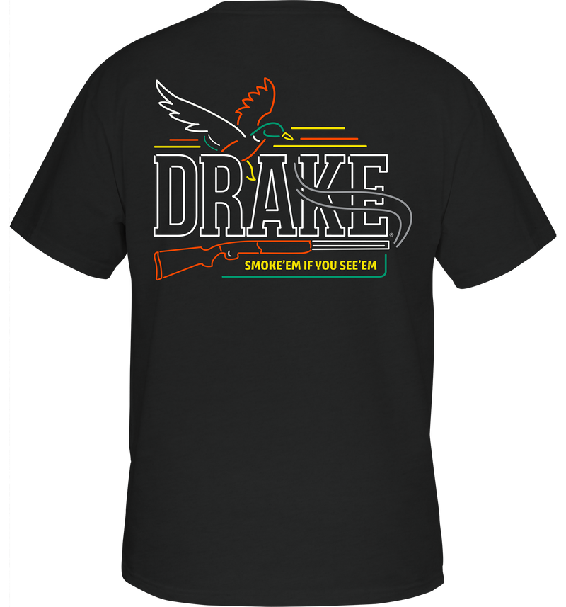 Neon Shoot See T-Shirt with Drake logo on front pocket, featuring a neon sign graphic on back. Made from 60% cotton, 40% polyester blend.