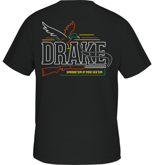 Neon Shoot See T-Shirt with Drake logo on front pocket, featuring a neon sign graphic on back. Made from 60% cotton, 40% polyester blend.
