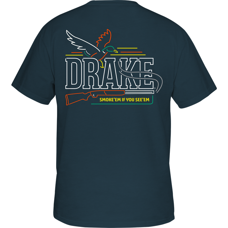 Neon Shoot See T-Shirt featuring a Drake logo on the front pocket and neon sign graphic on the back, crafted from a soft cotton-polyester blend.
