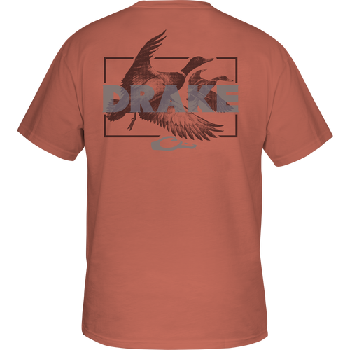 Drake Overlay T-Shirt back view, featuring two flying ducks in a rectangular frame with DRAKE text, showcasing the Drake Logo Series.