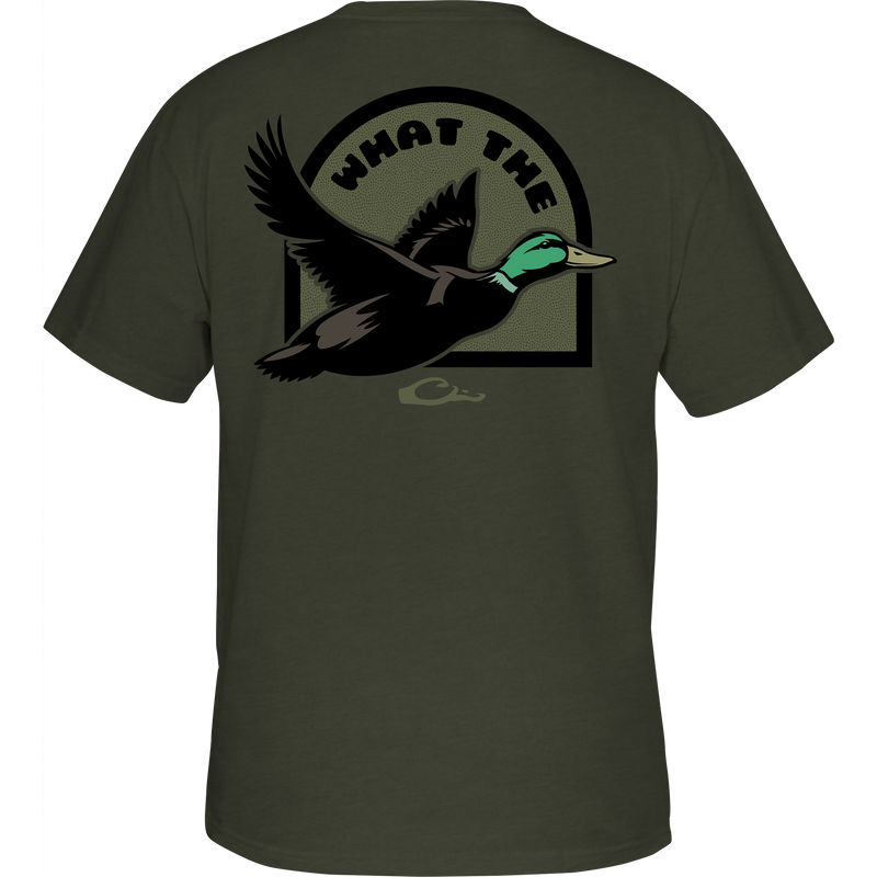 What the Duck T-Shirt featuring Drake logo on front pocket and humorous graphic on back, crafted from a soft cotton-polyester blend for comfort.