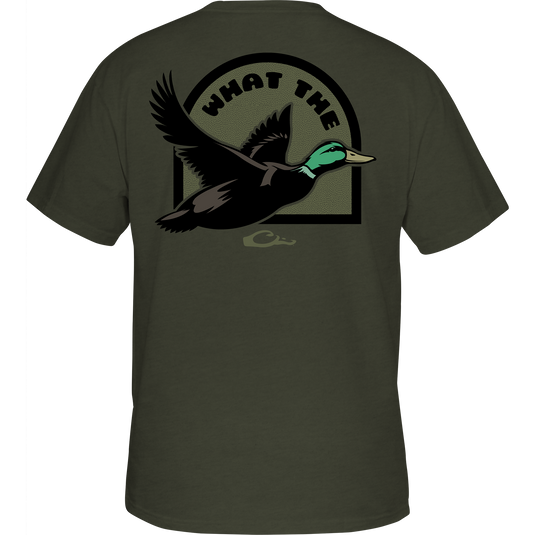 What the Duck T-Shirt featuring Drake logo on front pocket and humorous graphic on back, crafted from a soft cotton-polyester blend for comfort.