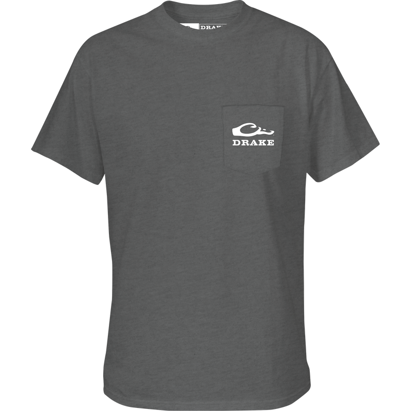 Decoy Overload T-Shirt features a front pocket with Drake logo and a back graphic of Jimbo with decoys, ideal for casual outdoor wear.