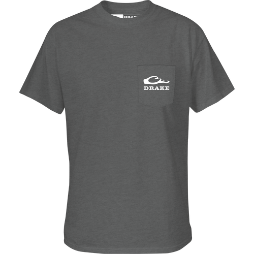 Decoy Overload T-Shirt features a front pocket with Drake logo and a back graphic of Jimbo with decoys, ideal for casual outdoor wear.