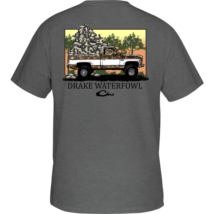 Decoy Overload T-Shirt featuring front pocket Drake logo and Jimbo with Decoys graphic on back, part of Purewhitelaneshop's hunting-inspired casual apparel.