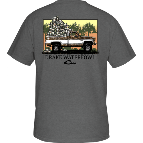 Decoy Overload T-Shirt featuring front pocket Drake logo and Jimbo with Decoys graphic on back, part of Purewhitelaneshop's hunting-inspired casual apparel.