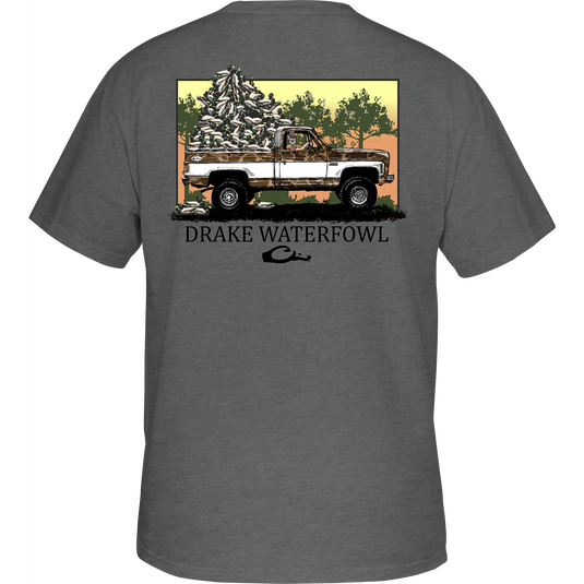 Decoy Overload T-Shirt featuring front pocket Drake logo and Jimbo with Decoys graphic on back, part of Purewhitelaneshop's hunting-inspired casual apparel.