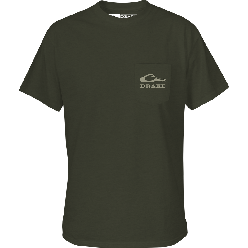 Back Cap Mallard T-Shirt with front pocket Drake Logo and detailed mallard graphic on back, crafted from a soft cotton-polyester blend for comfort and style.