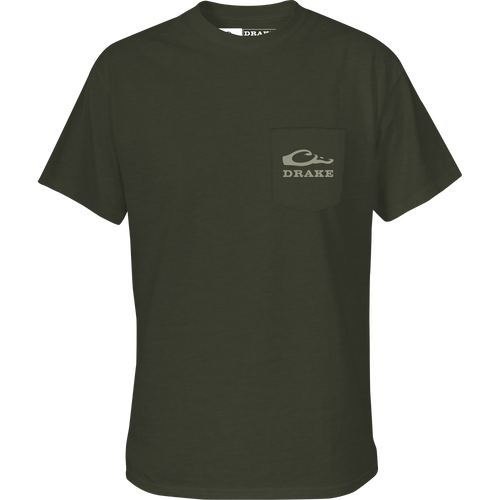 Back Cap Mallard T-Shirt with front pocket Drake Logo and detailed mallard graphic on back, crafted from a soft cotton-polyester blend for comfort and style.
