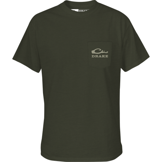 Back Cap Mallard T-Shirt with front pocket Drake Logo and detailed mallard graphic on back, crafted from a soft cotton-polyester blend for comfort and style.