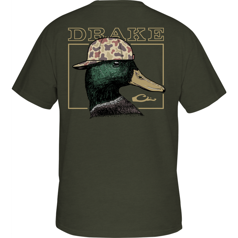 Back Cap Mallard T-Shirt featuring Drake logo on front pocket and mallard graphic on back, crafted from a soft cotton-polyester blend, perfect for casual outdoor wear.