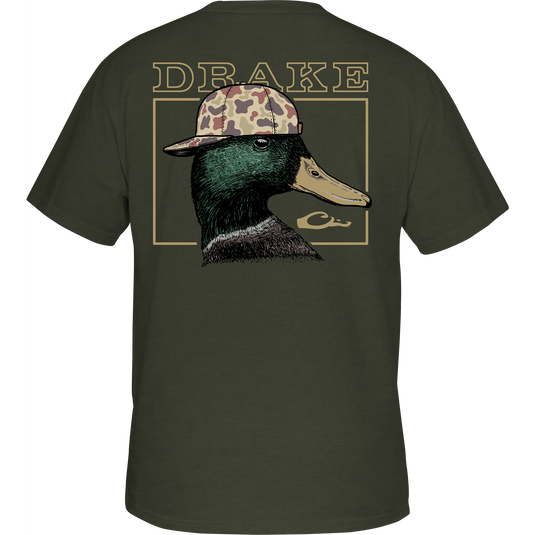 Back Cap Mallard T-Shirt featuring Drake logo on front pocket and mallard graphic on back, crafted from a soft cotton-polyester blend, perfect for casual outdoor wear.