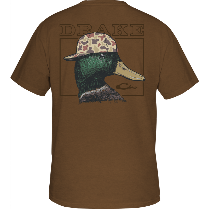 Back Cap Mallard T-Shirt featuring the Drake Logo on front pocket and a detailed Drake Back Cap Mallard graphic on the back, crafted for comfort and style.