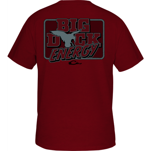 Big Duck Energy T-Shirt with front pocket Drake logo and bold duck graphic on the back, highlighting comfort with a 60% cotton, 40% polyester blend.