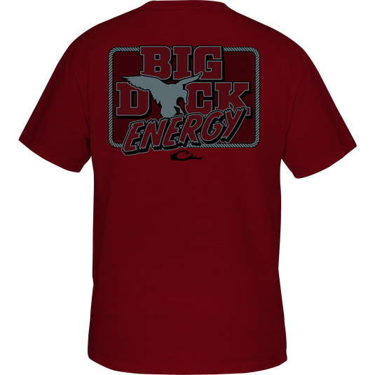Big Duck Energy T-Shirt with front pocket Drake logo and bold duck graphic on the back, highlighting comfort with a 60% cotton, 40% polyester blend.