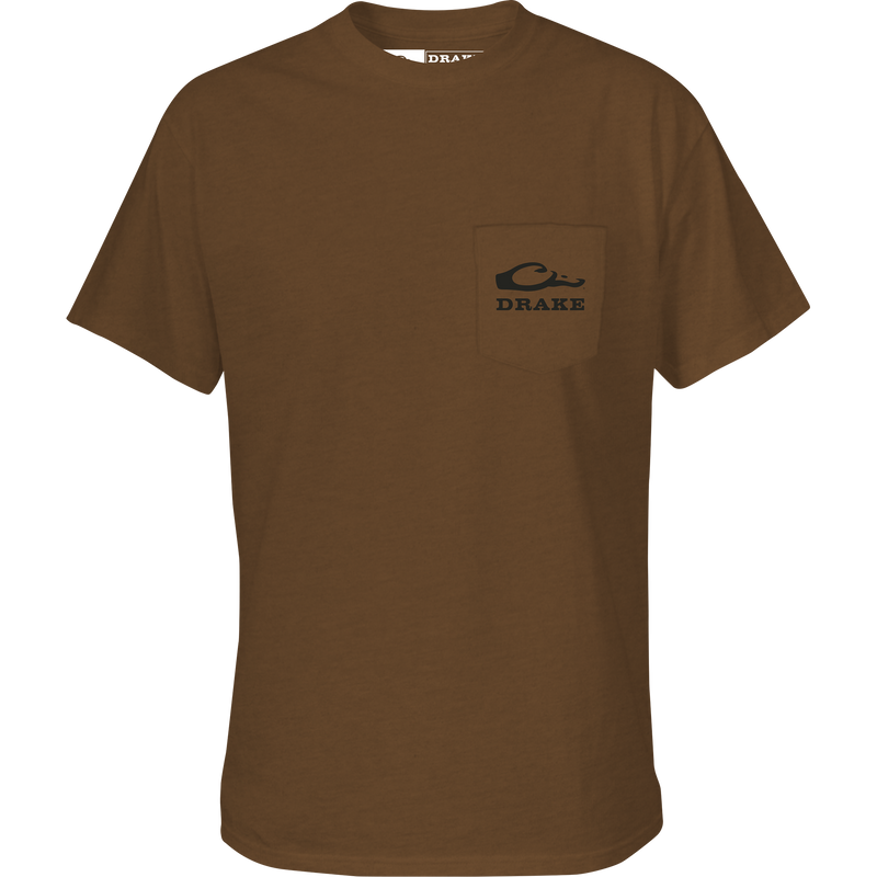 Duck Around T-Shirt featuring a front pocket with the Drake Logo and a back graphic, crafted from a soft cotton-polyester blend.