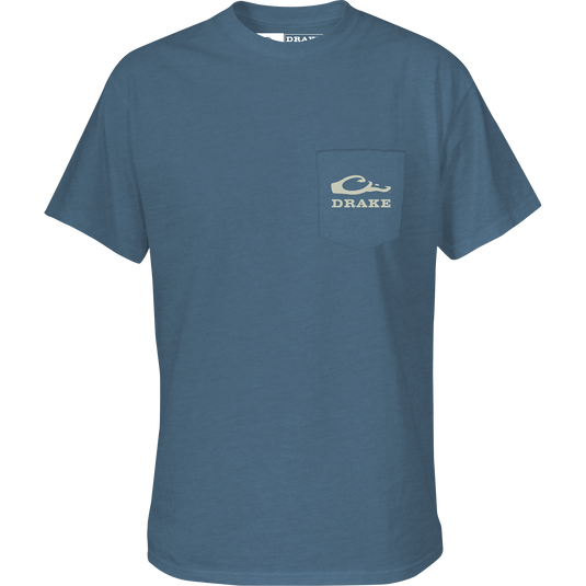 Duck Sausage T-Shirt featuring Drake Logo on front pocket and Drake Duck Sausage Co. graphic on the back, made from soft cotton-polyester blend.
