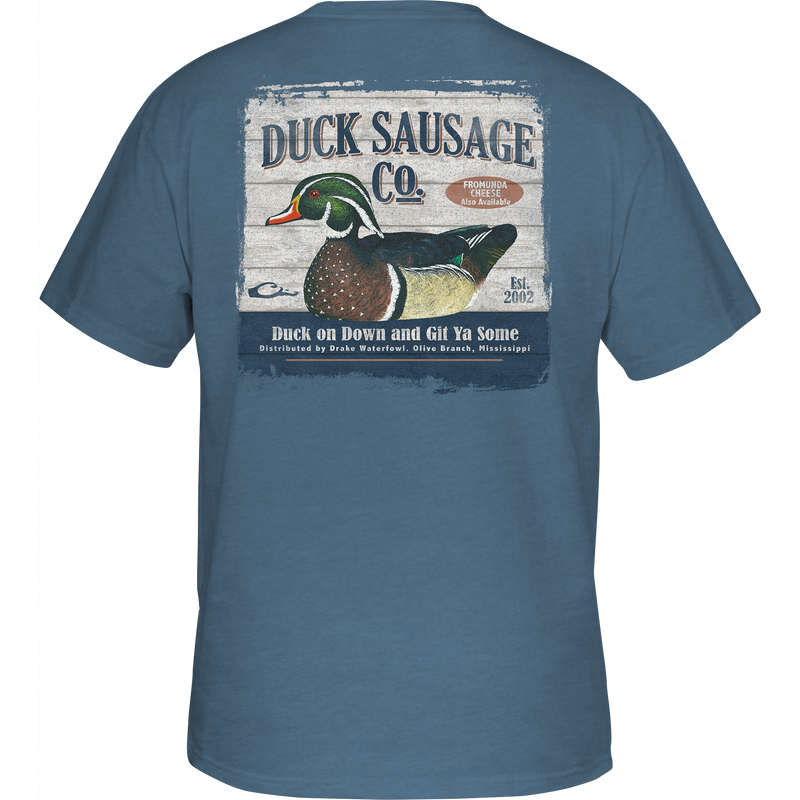Duck Sausage T-Shirt featuring Drake Logo on front pocket and Duck Sausage Co. graphic on back, crafted for comfort with a cotton-polyester blend.