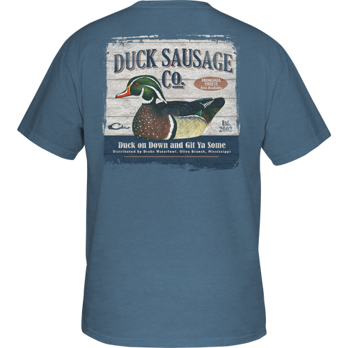 Duck Sausage T-Shirt featuring Drake Logo on front pocket and Duck Sausage Co. graphic on back, crafted for comfort with a cotton-polyester blend.
