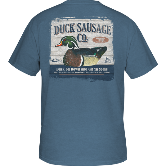 Duck Sausage T-Shirt featuring Drake Logo on front pocket and Duck Sausage Co. graphic on back, crafted for comfort with a cotton-polyester blend.