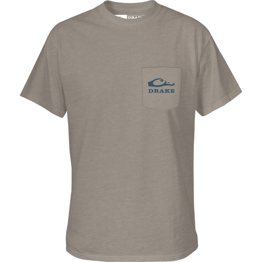 Duck Sausage T-Shirt featuring Drake Logo pocket and Duck Sausage Co. graphic on back, crafted from 60% cotton and 40% polyester for comfort.