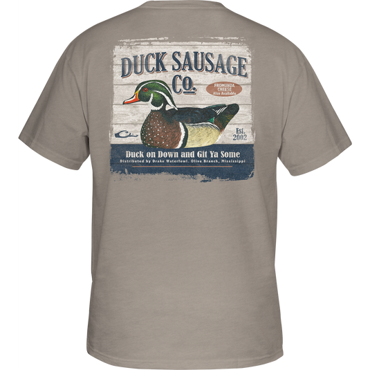 Duck Sausage T-Shirt features a Drake logo on the front pocket and a Duck Sausage Co. graphic on the back, made from soft cotton-polyester blend.