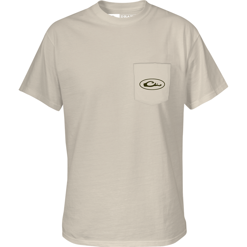 Retro Northern Shoveler T-Shirt with Drake logo on front pocket, features a Northern Shoveler graphic on back, made from a cotton-polyester blend.