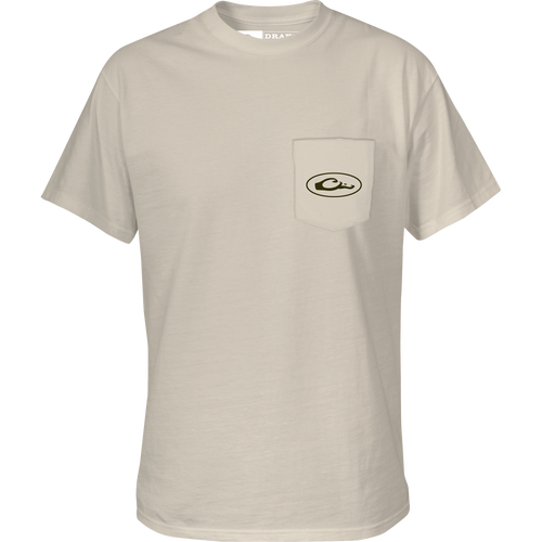 Retro Northern Shoveler T-Shirt with Drake logo on front pocket, features a Northern Shoveler graphic on back, made from a cotton-polyester blend.