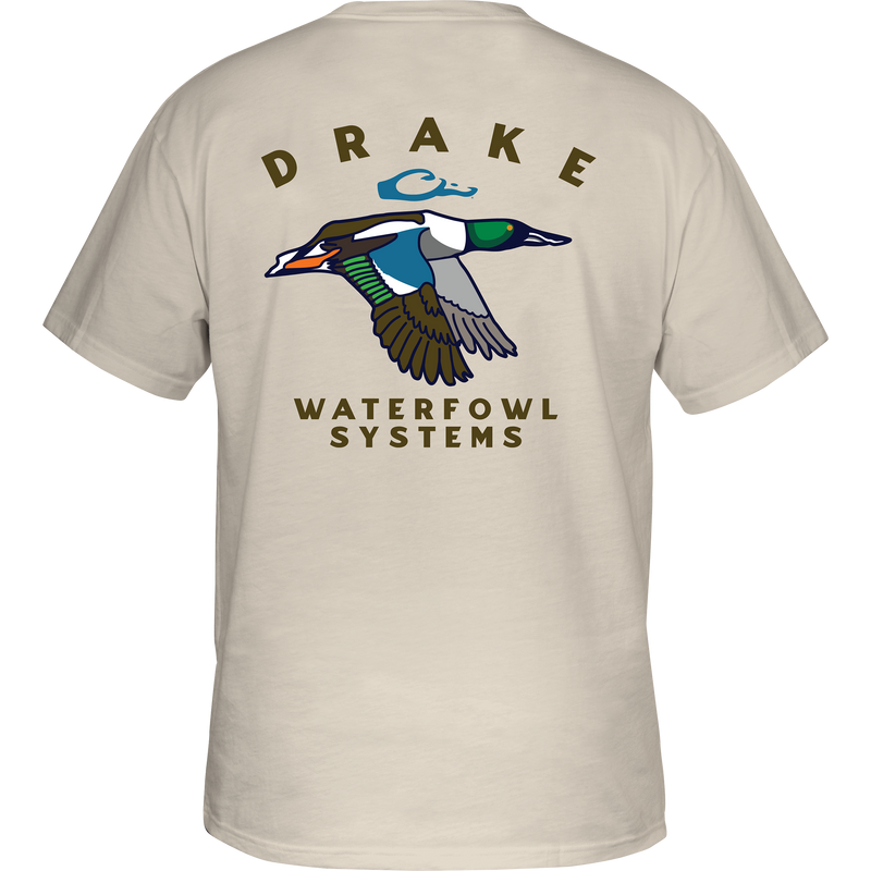 Retro Northern Shoveler T-Shirt featuring a flying duck graphic on the back, crafted from a soft cotton-polyester blend, with a Drake logo on the front pocket.