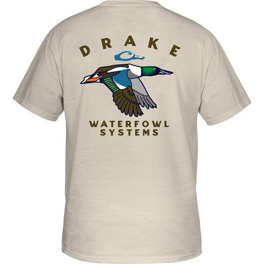 Retro Northern Shoveler T-Shirt featuring a flying duck graphic on the back, crafted from a soft cotton-polyester blend, with a Drake logo on the front pocket.