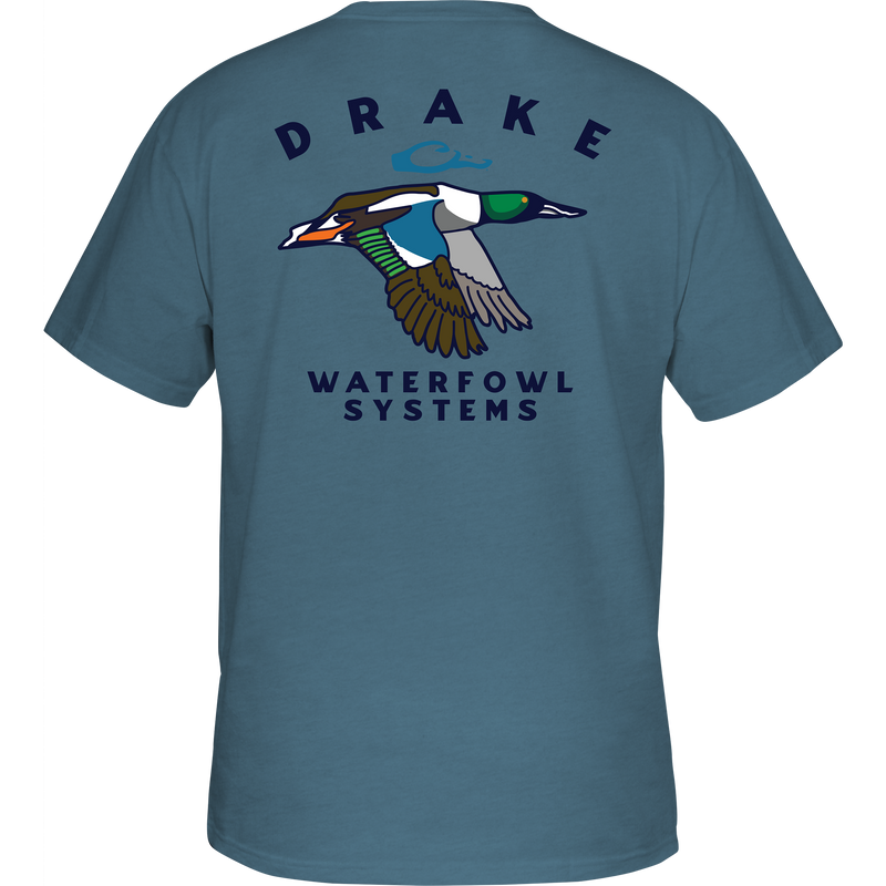 Retro Northern Shoveler T-Shirt featuring a duck graphic on the back, part of Purewhitelaneshop's hunting-inspired collection. Cotton-polyester blend for softness, Drake logo on front pocket.