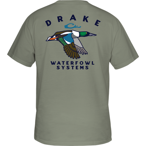 Retro Northern Shoveler T-Shirt featuring a duck graphic on a grey tee with Drake logo pocket. 60% cotton, 40% polyester for comfort. From Purewhitelaneshop's hunting-inspired collection.