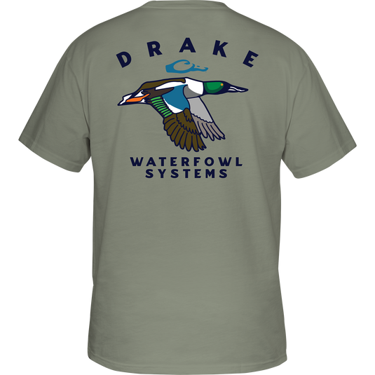 Retro Northern Shoveler T-Shirt featuring a duck graphic on a grey tee with Drake logo pocket. 60% cotton, 40% polyester for comfort. From Purewhitelaneshop's hunting-inspired collection.